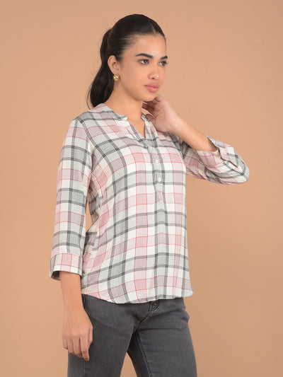 White V-Neck Checked Top-Women Tops-Crimsoune Club