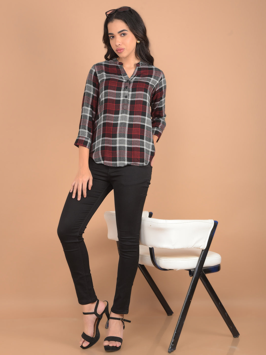 Black V-Neck Checked Top-Women Tops-Crimsoune Club