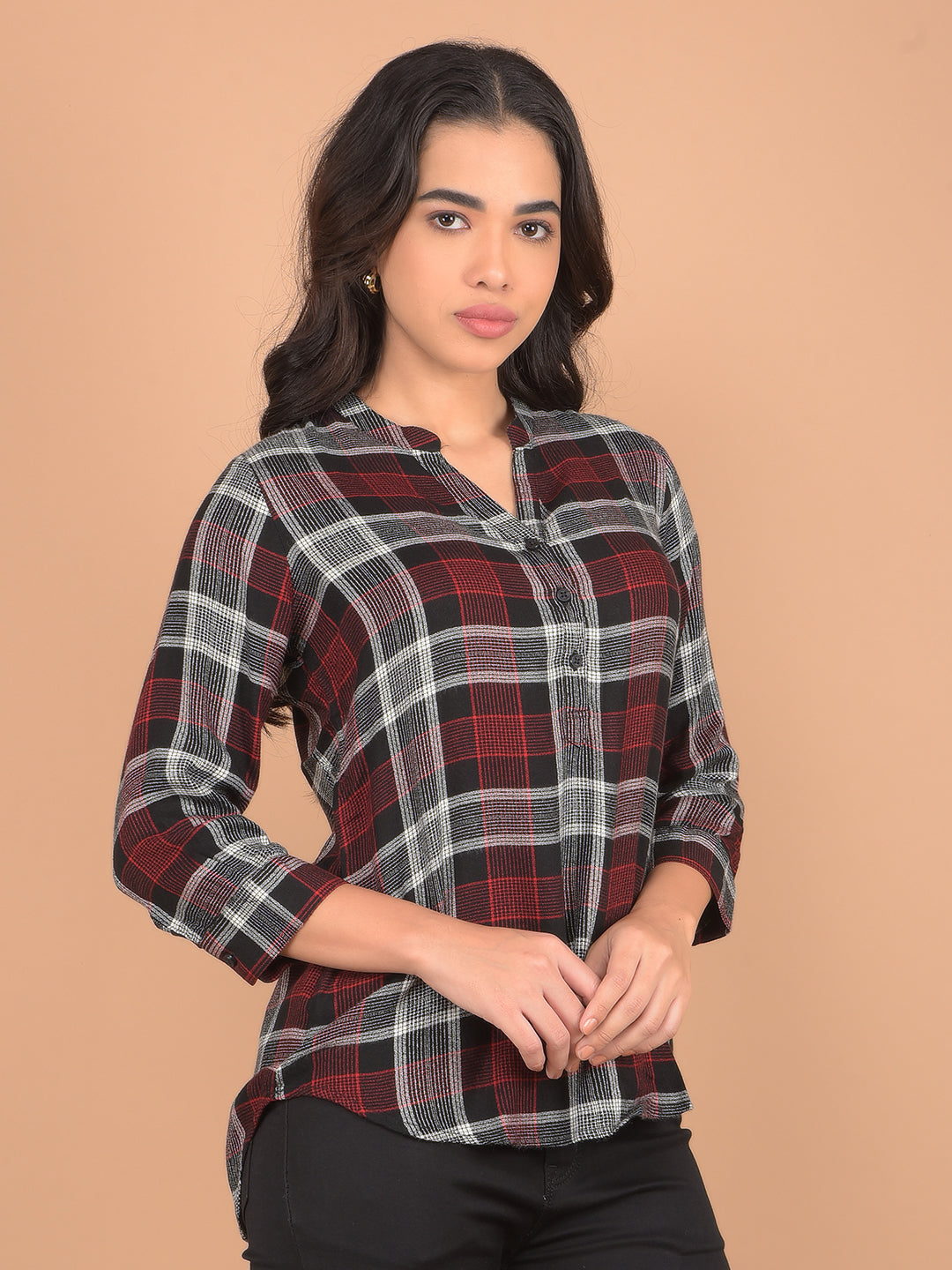 Black V-Neck Checked Top-Women Tops-Crimsoune Club