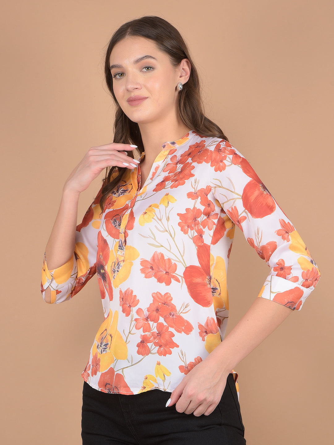 Orange Floral Print V-Neck Top-Women Tops-Crimsoune Club