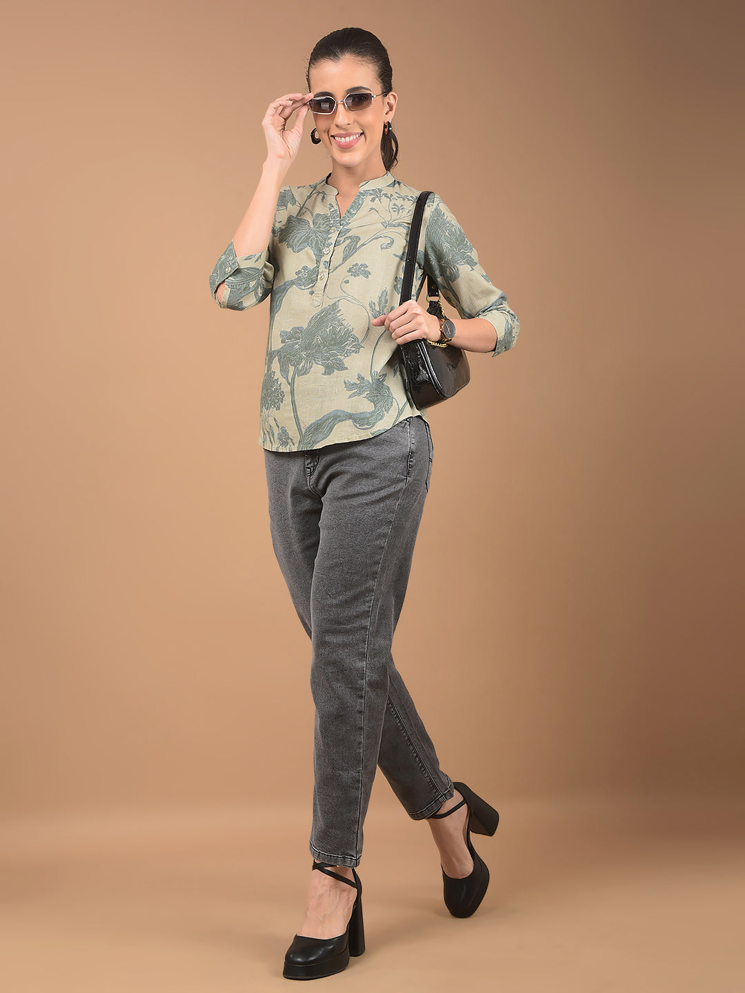 Green Floral Print Mandarin Collar Linen Top