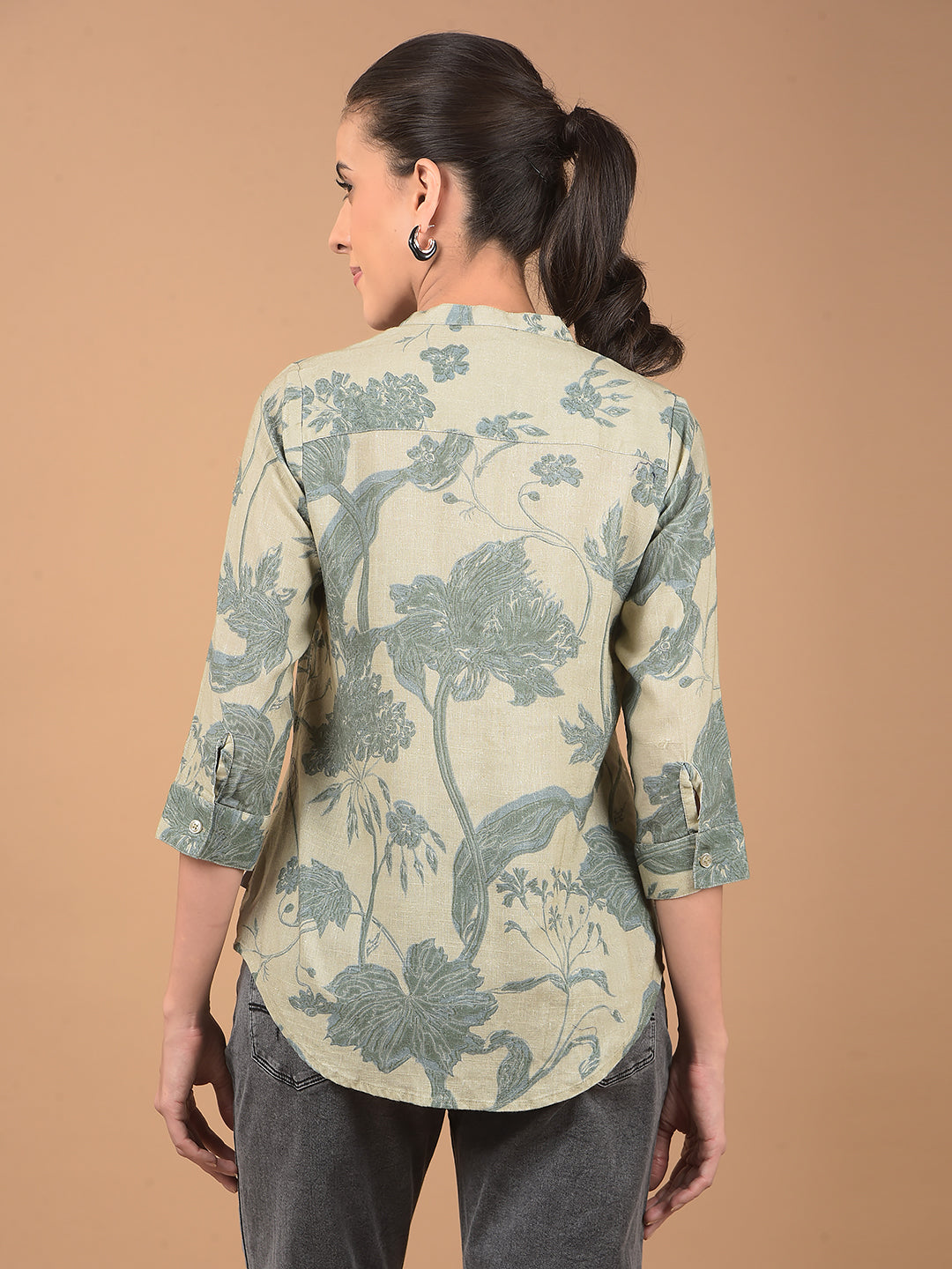 Green Floral Print Mandarin Collar Linen Top