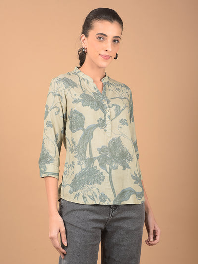 Green Floral Print Mandarin Collar Linen Top