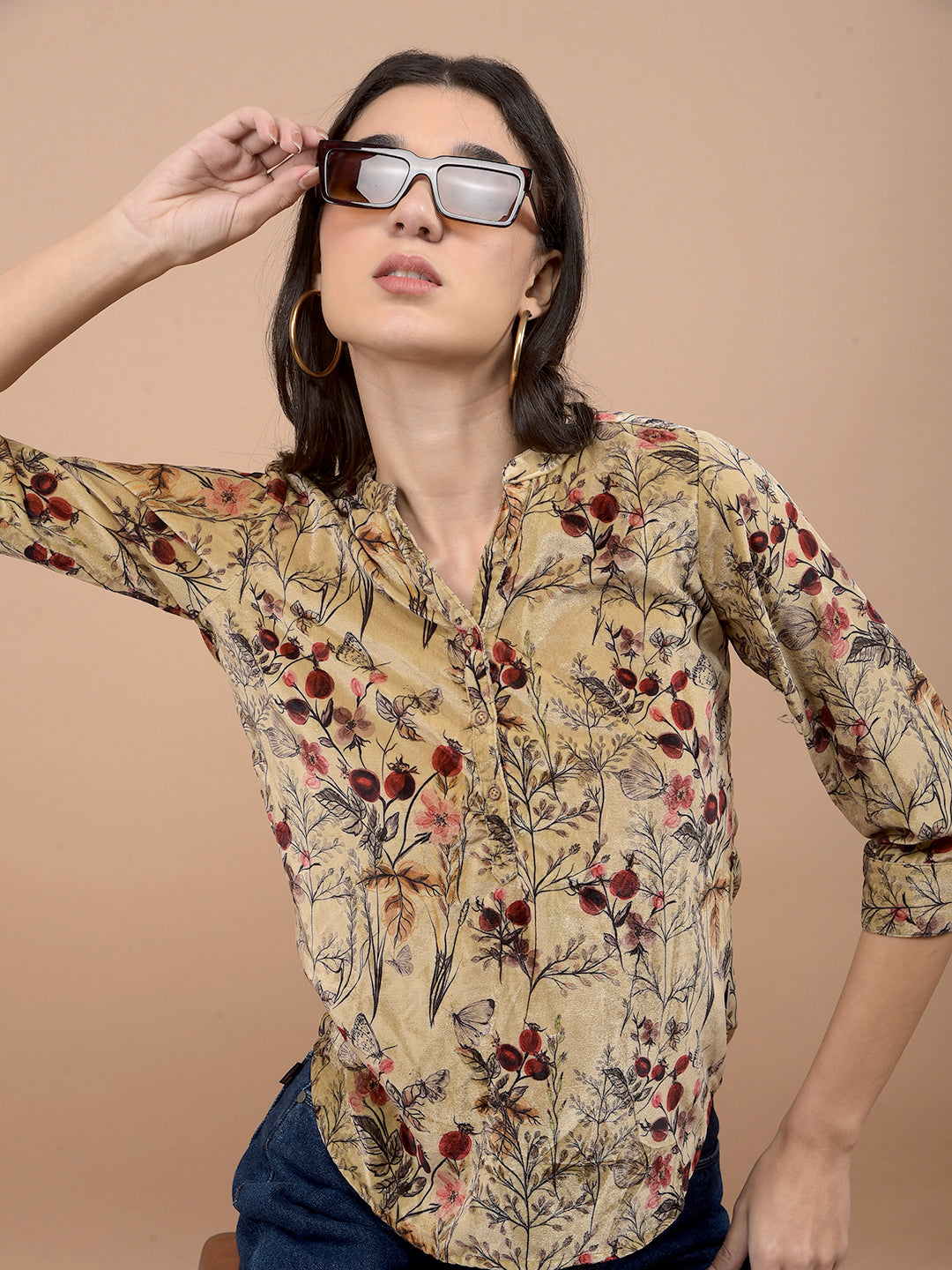 Brown Floral Print V-Neck Top