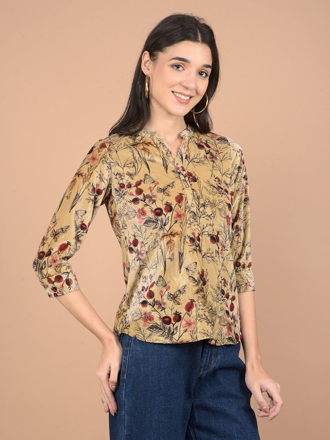 Brown Floral Print V-Neck Top