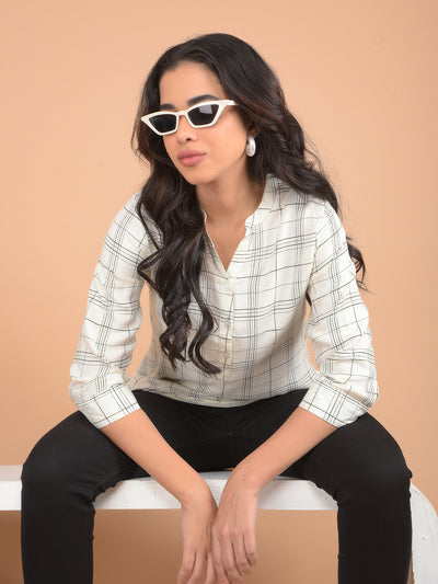 White V-Neck Checked Top-Women Tops-Crimsoune Club