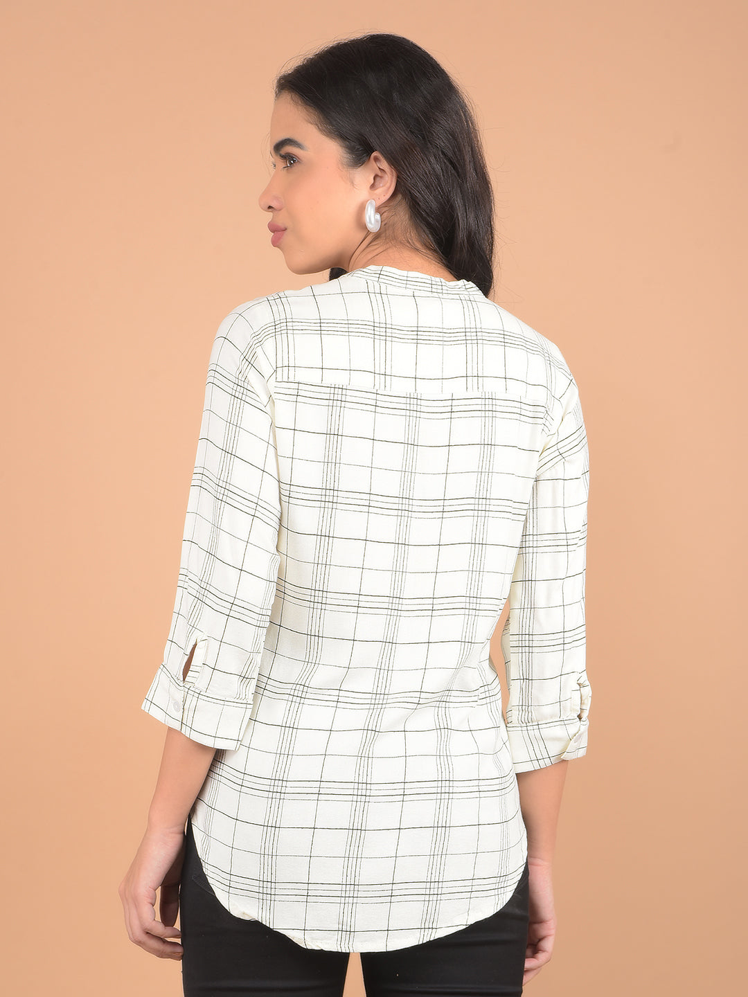 White V-Neck Checked Top-Women Tops-Crimsoune Club