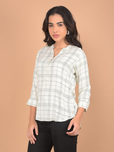 White V-Neck Checked Top-Women Tops-Crimsoune Club