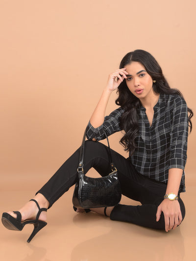 Black V-Neck Checked Top-Women Tops-Crimsoune Club