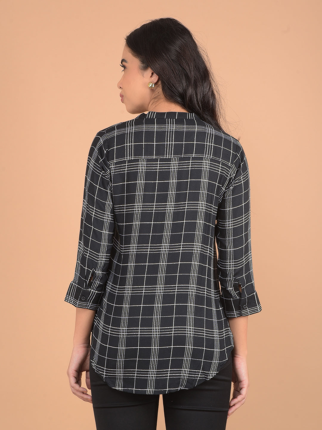 Black V-Neck Checked Top-Women Tops-Crimsoune Club