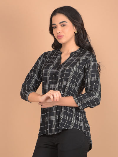 Black V-Neck Checked Top-Women Tops-Crimsoune Club