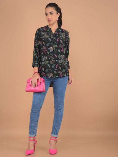 Black Floral Print V-Neck Top-Women Tops-Crimsoune Club