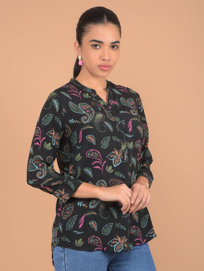 Black Floral Print V-Neck Top-Women Tops-Crimsoune Club