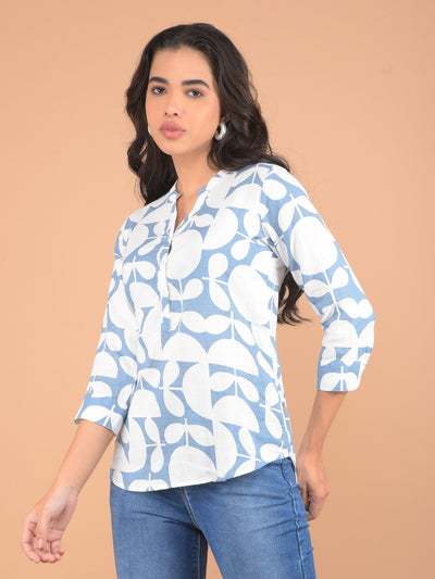 Blue Floral Print V-Neck 100% Cotton Top-Women Tops-Crimsoune Club