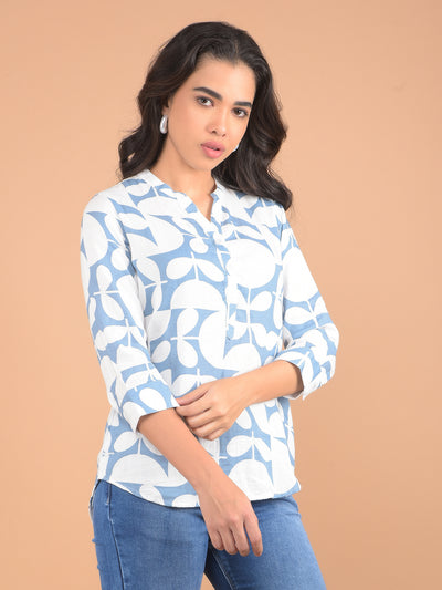 Blue Floral Print V-Neck 100% Cotton Top-Women Tops-Crimsoune Club