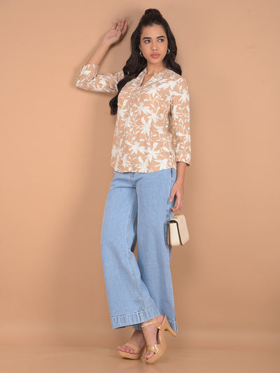 Beige Floral Print V-Neck Top-Women Tops-Crimsoune Club