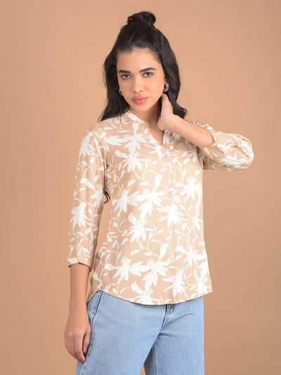 Beige Floral Print V-Neck Top-Women Tops-Crimsoune Club