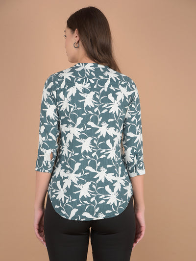 Green Floral Print V-Neck Top-Women Tops-Crimsoune Club