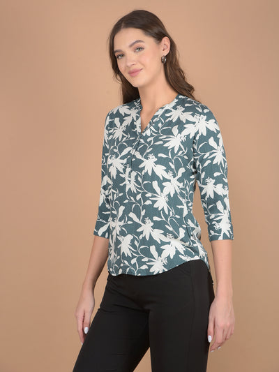 Green Floral Print V-Neck Top-Women Tops-Crimsoune Club