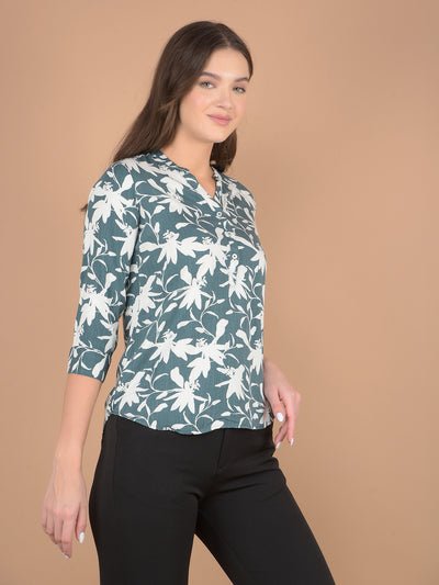 Green Floral Print V-Neck Top-Women Tops-Crimsoune Club