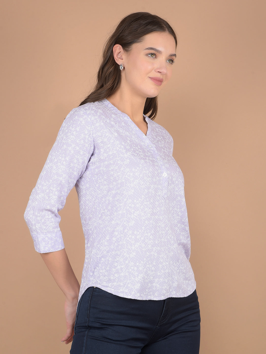 Purple Floral Print V-Neck Top-Women Tops-Crimsoune Club