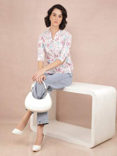 Multi-Color Floral Print V-Neck Linen Top-Women Tops-Crimsoune Club