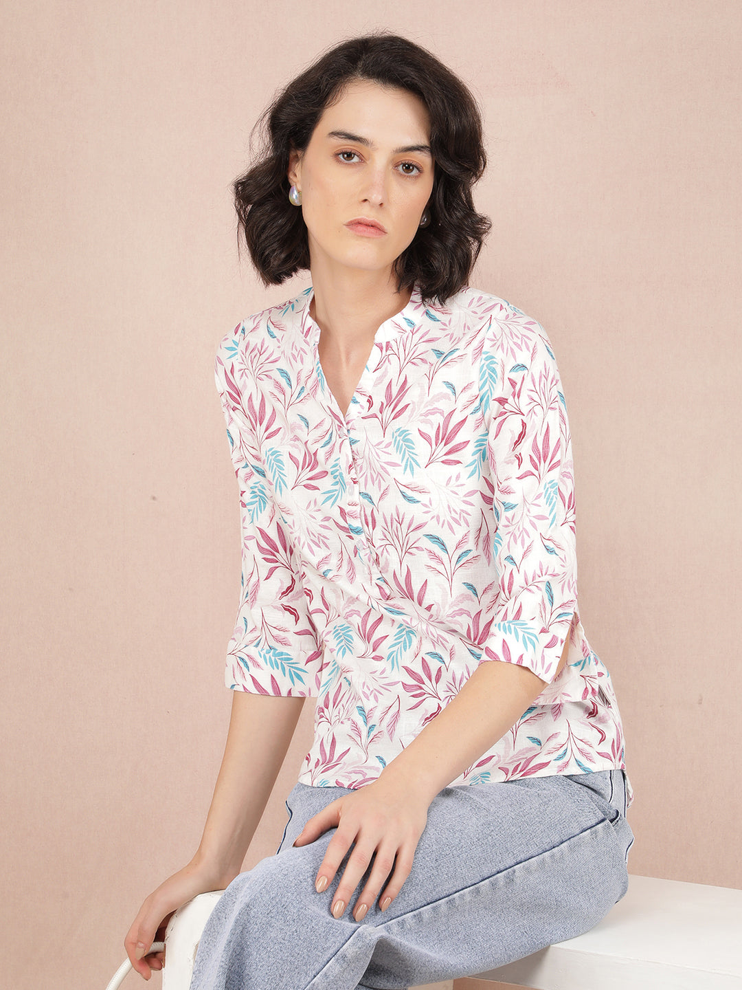 Multi-Color Floral Print V-Neck Linen Top-Women Tops-Crimsoune Club