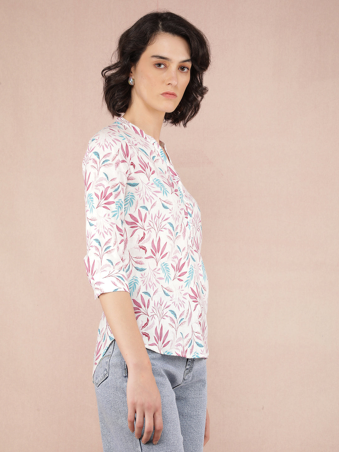 Multi-Color Floral Print V-Neck Linen Top-Women Tops-Crimsoune Club