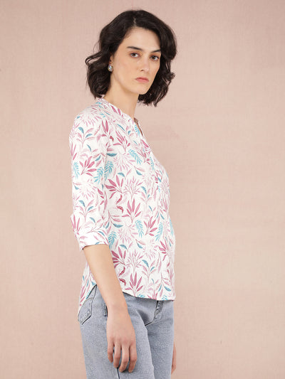 Multi-Color Floral Print V-Neck Linen Top-Women Tops-Crimsoune Club