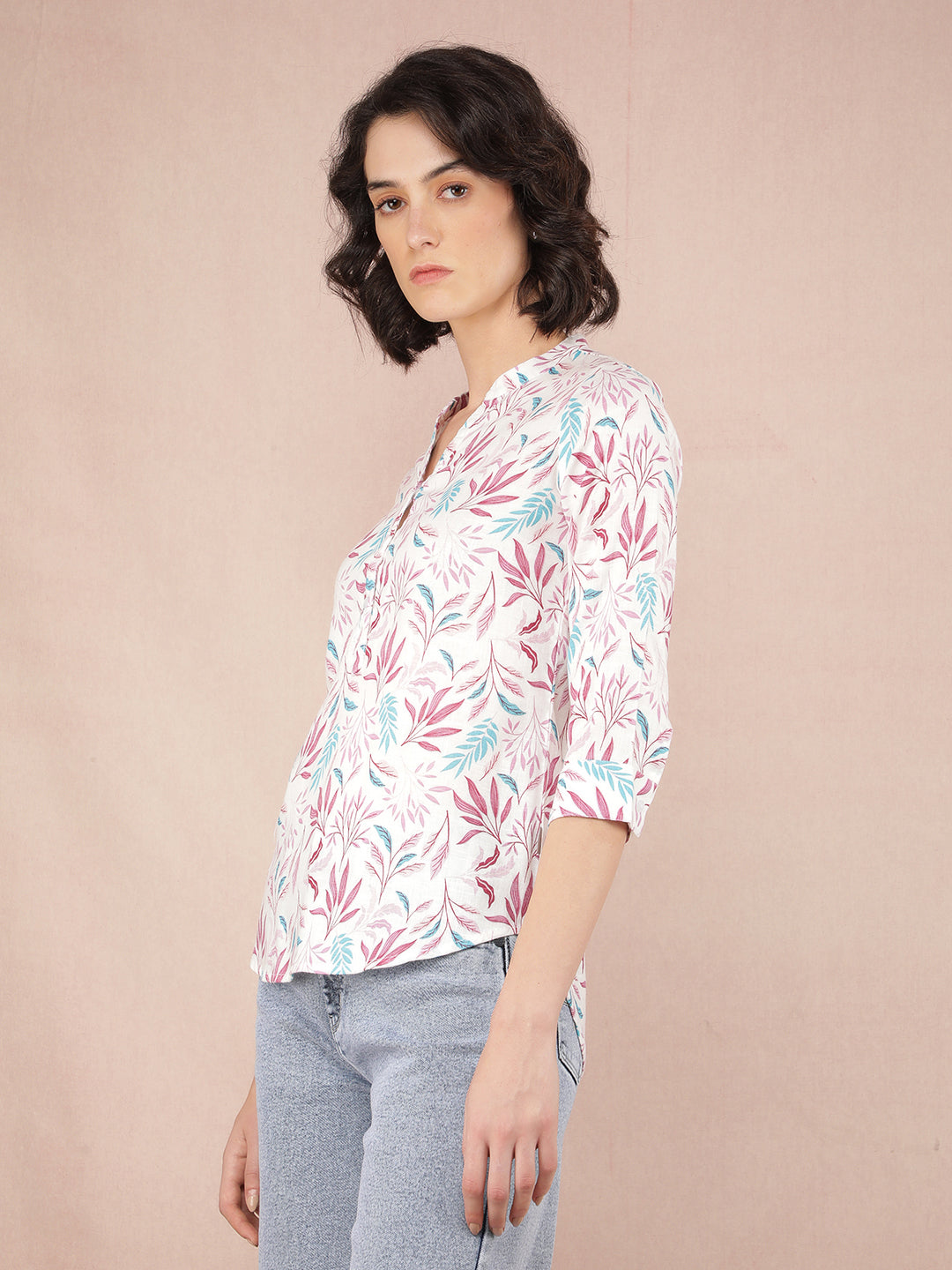 Multi-Color Floral Print V-Neck Linen Top-Women Tops-Crimsoune Club