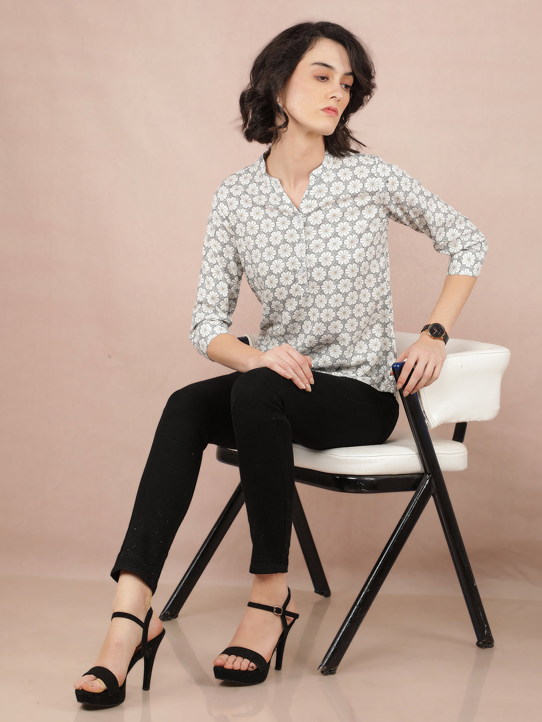 White Floral Print V-Neck Top-Women Tops-Crimsoune Club