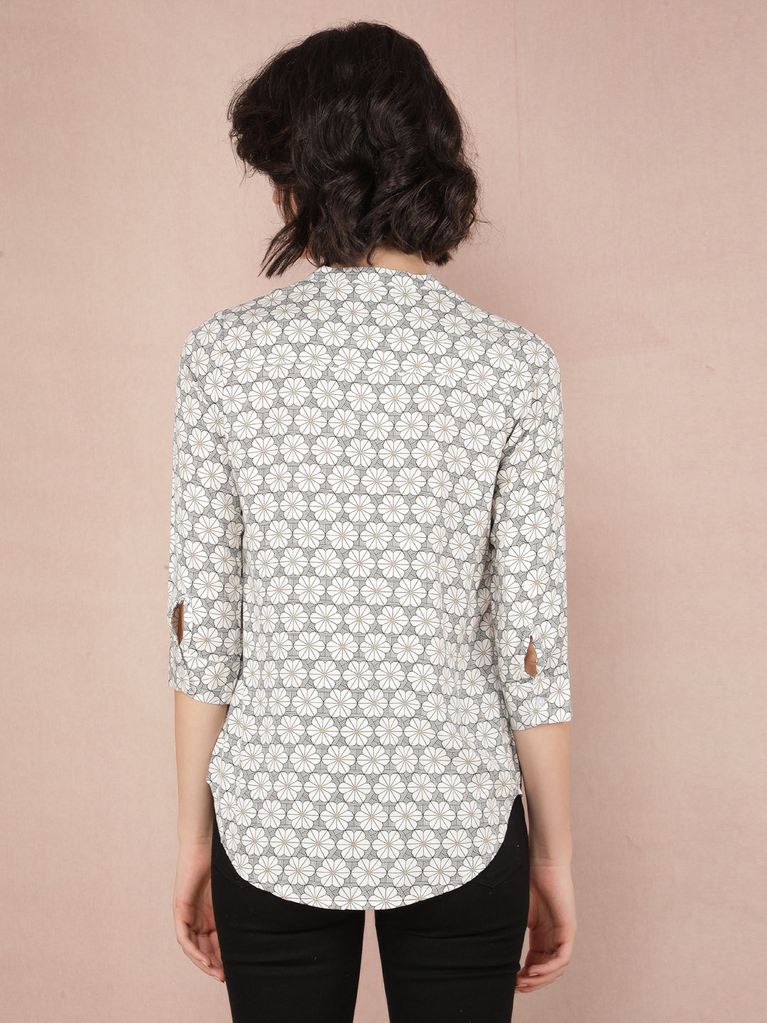 White Floral Print V-Neck Top-Women Tops-Crimsoune Club