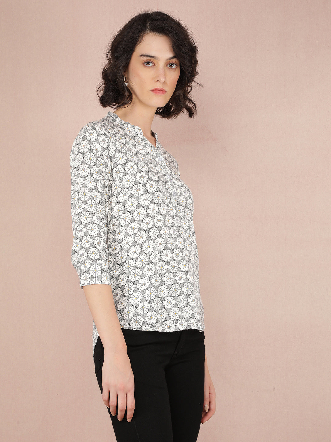 White Floral Print V-Neck Top-Women Tops-Crimsoune Club