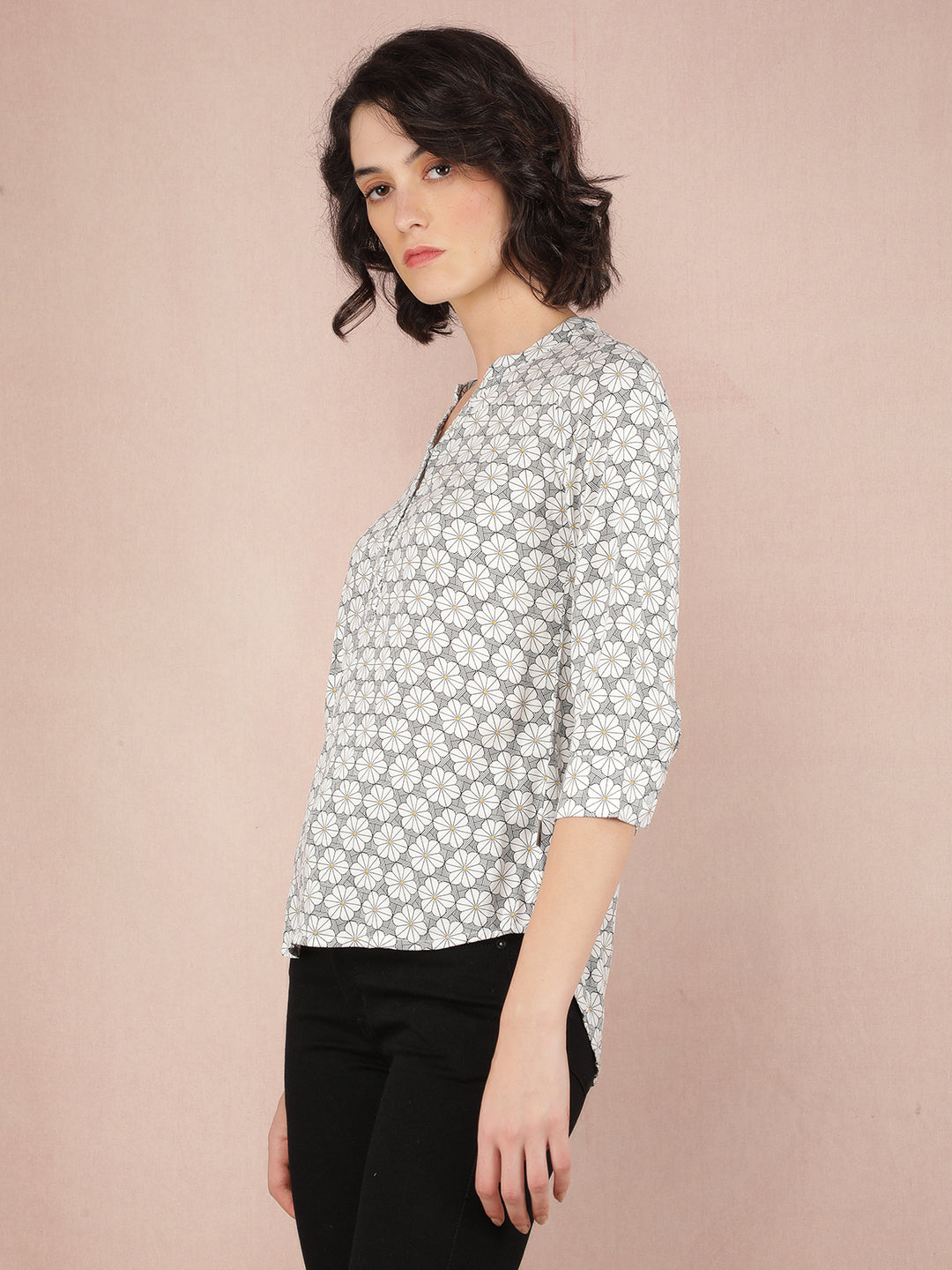 White Floral Print V-Neck Top-Women Tops-Crimsoune Club