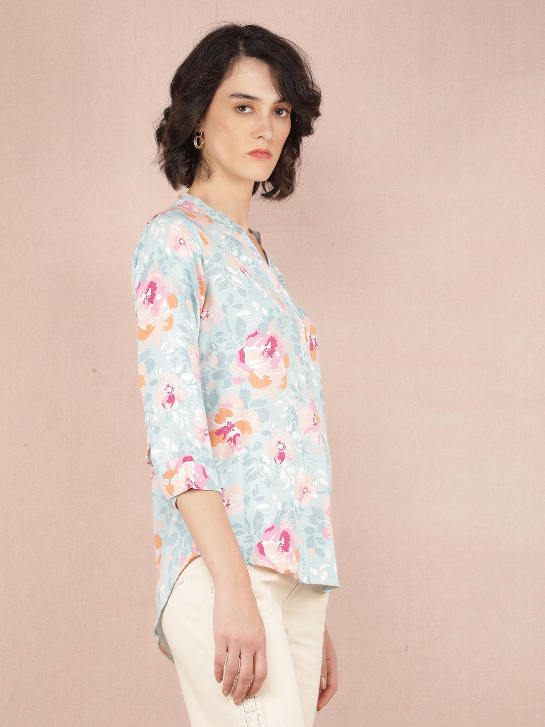 Blue Floral Print V-Neck Top-Women Tops-Crimsoune Club