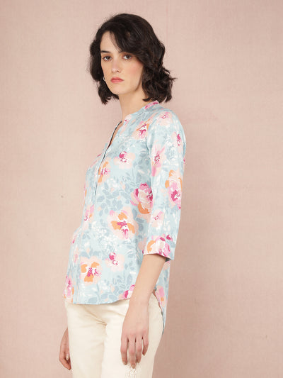 Blue Floral Print V-Neck Top-Women Tops-Crimsoune Club