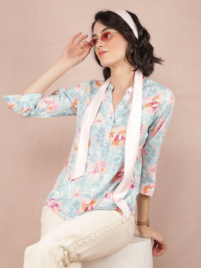 Blue Floral Print V-Neck Top-Women Tops-Crimsoune Club