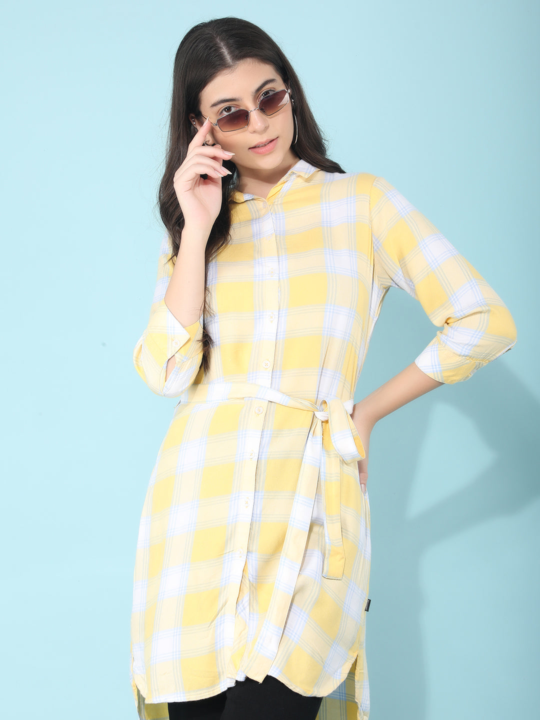 Yellow Checked Dress In Shirt Shape-Women Dresses-Crimsoune Club