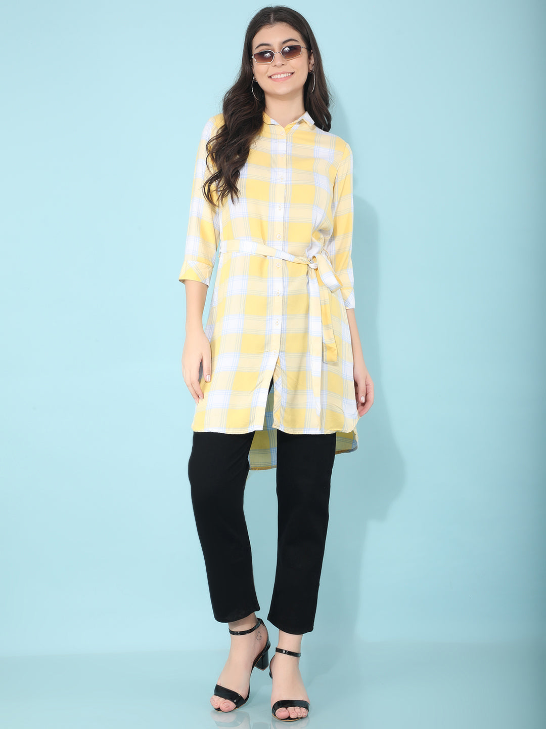 Yellow Checked Dress In Shirt Shape-Women Dresses-Crimsoune Club