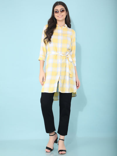 Yellow Checked Dress In Shirt Shape-Women Dresses-Crimsoune Club