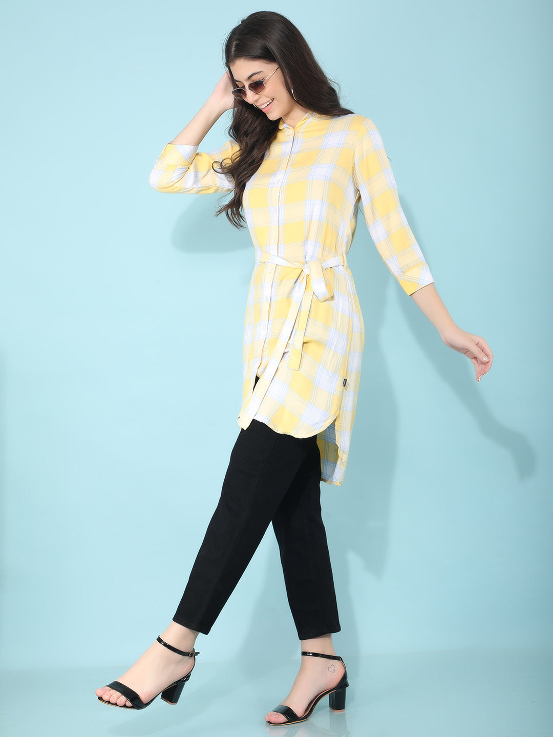 Yellow Checked Dress In Shirt Shape-Women Dresses-Crimsoune Club