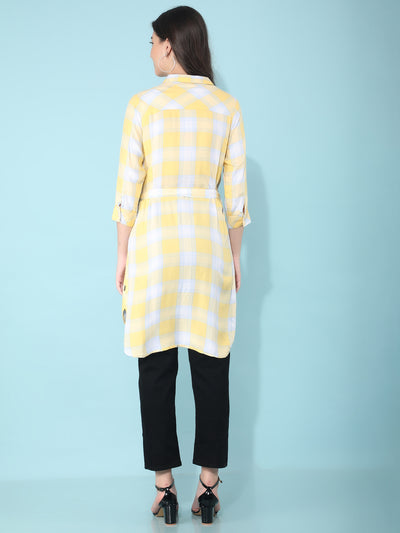 Yellow Checked Dress In Shirt Shape-Women Dresses-Crimsoune Club