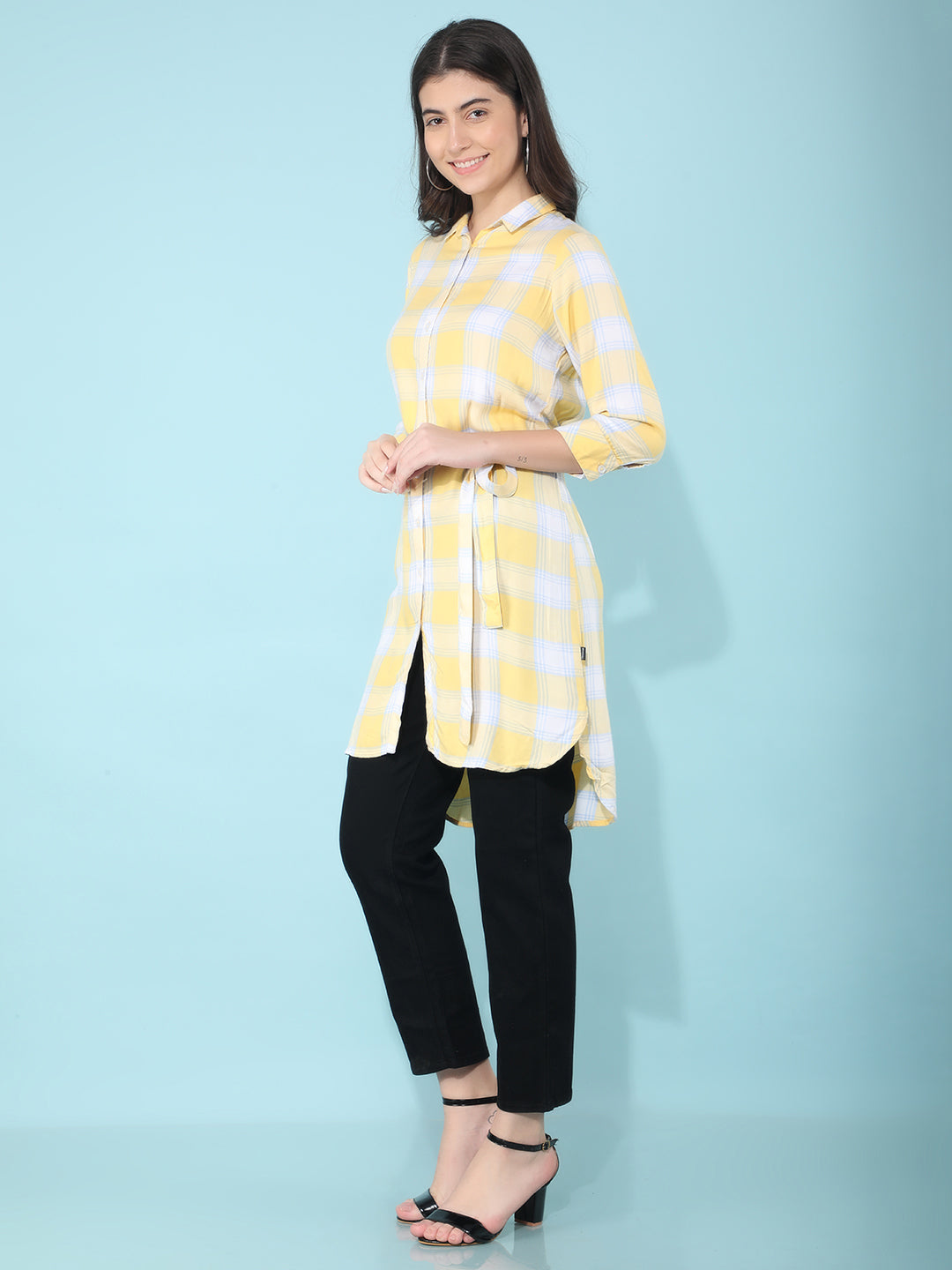 Yellow Checked Dress In Shirt Shape-Women Dresses-Crimsoune Club