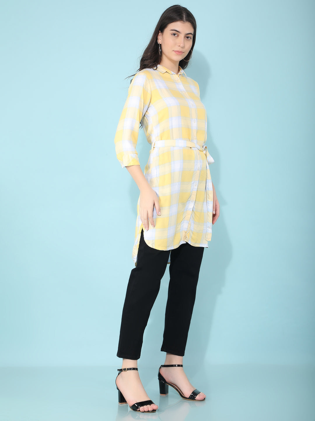 Yellow Checked Dress In Shirt Shape-Women Dresses-Crimsoune Club