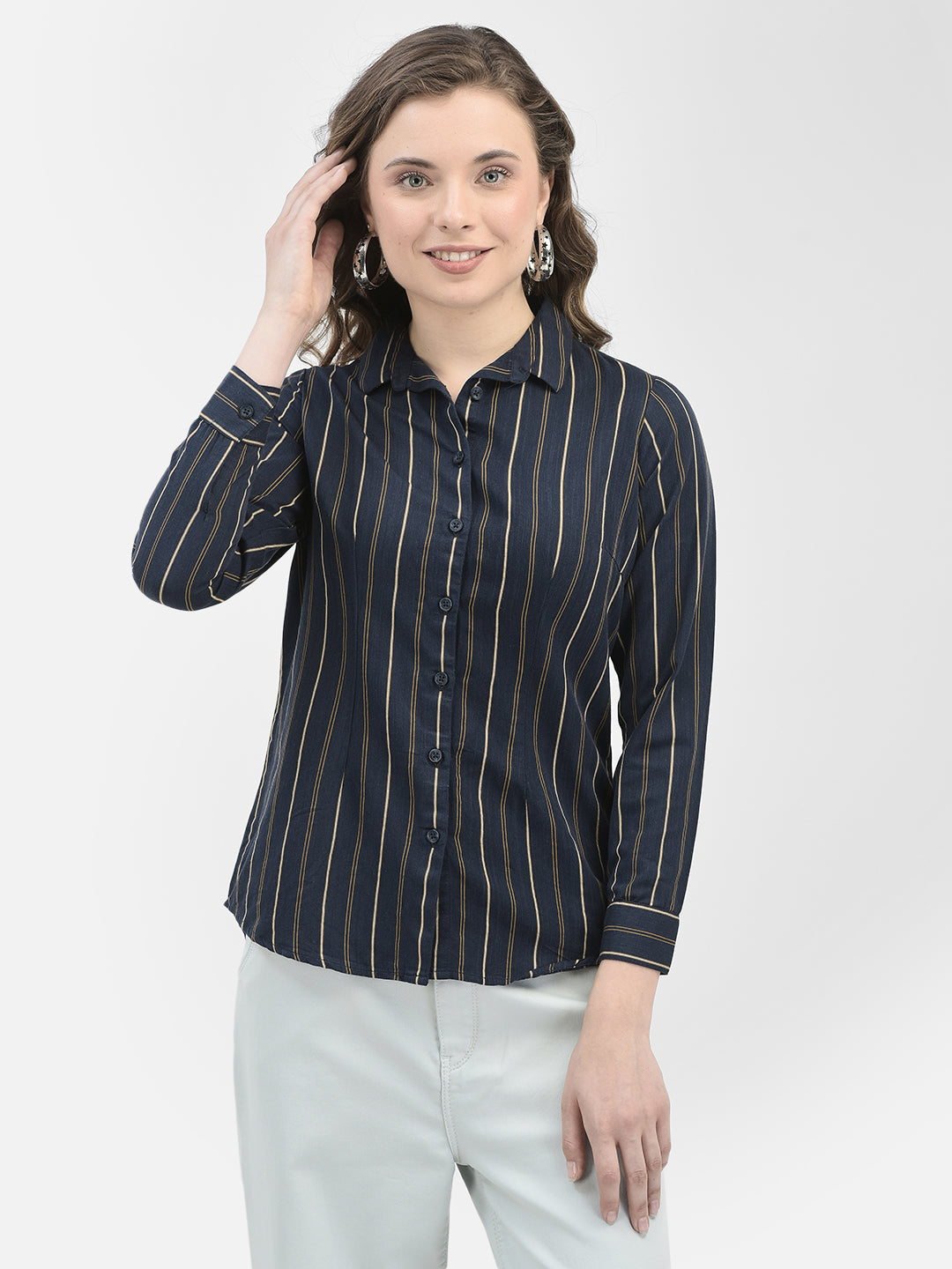 Striped Navy Blue Shirt-Women Shirts-Crimsoune Club