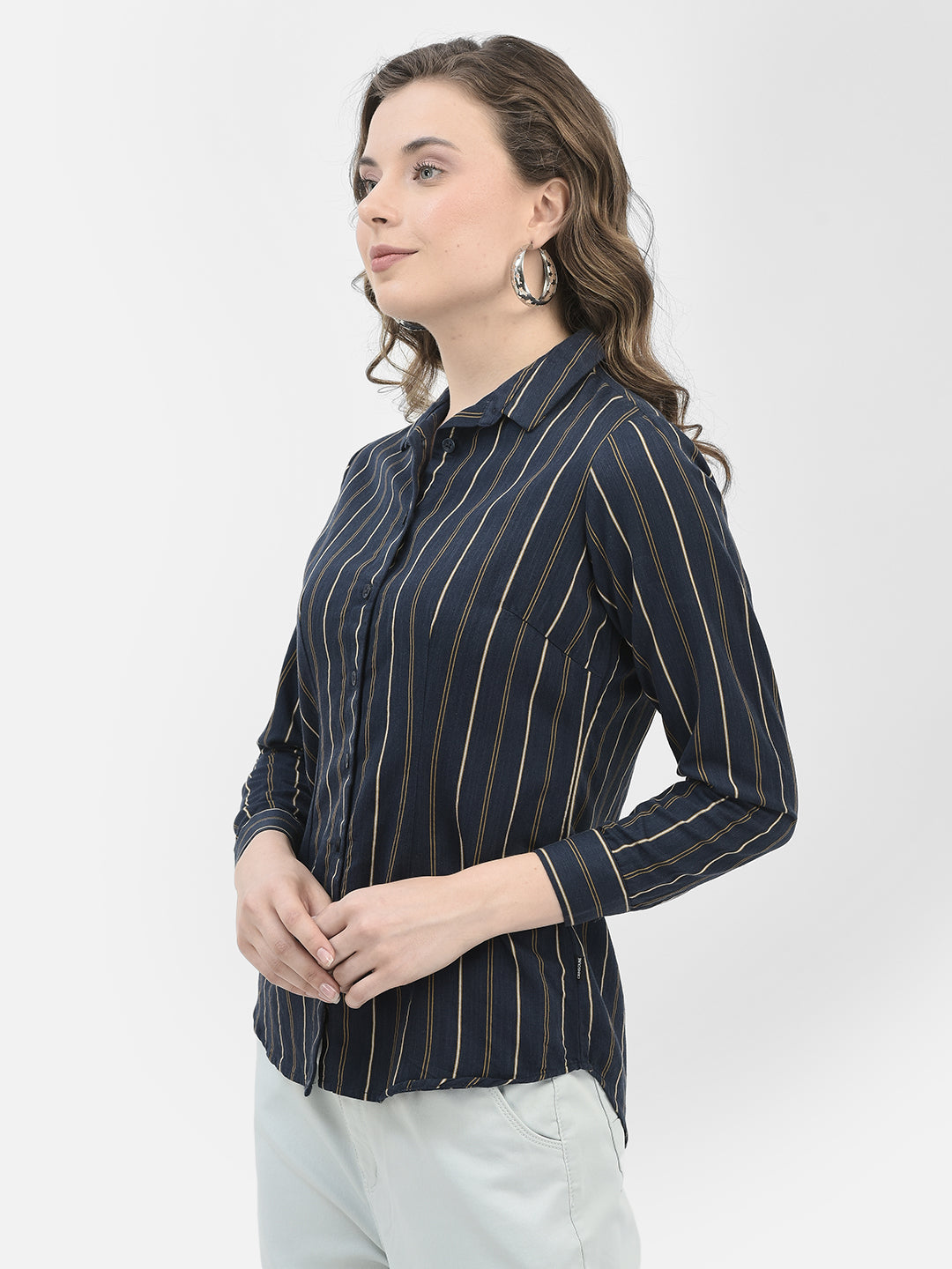 Striped Navy Blue Shirt-Women Shirts-Crimsoune Club