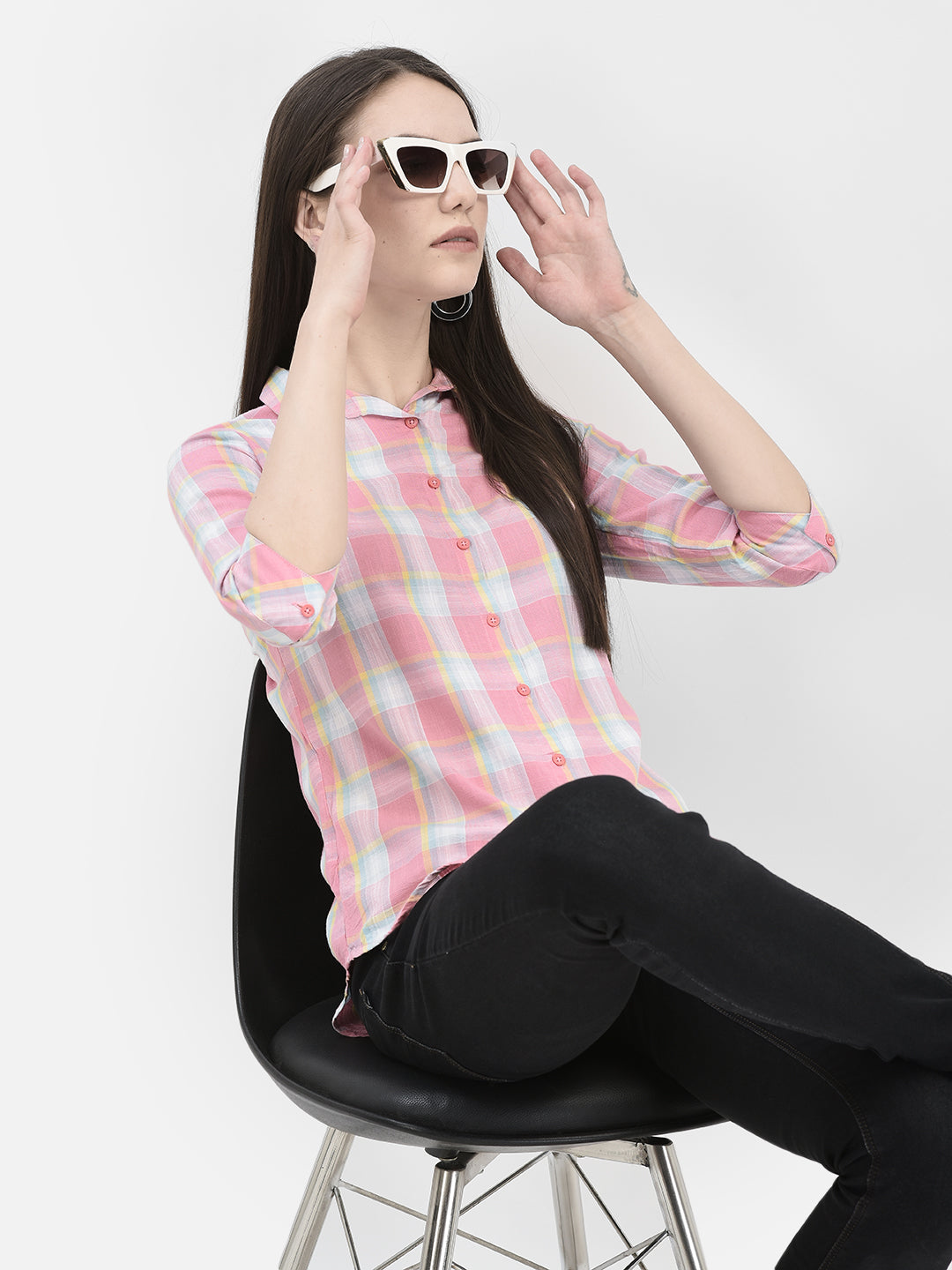 Pink Tartan Check Shirt-Women Shirts-Crimsoune Club