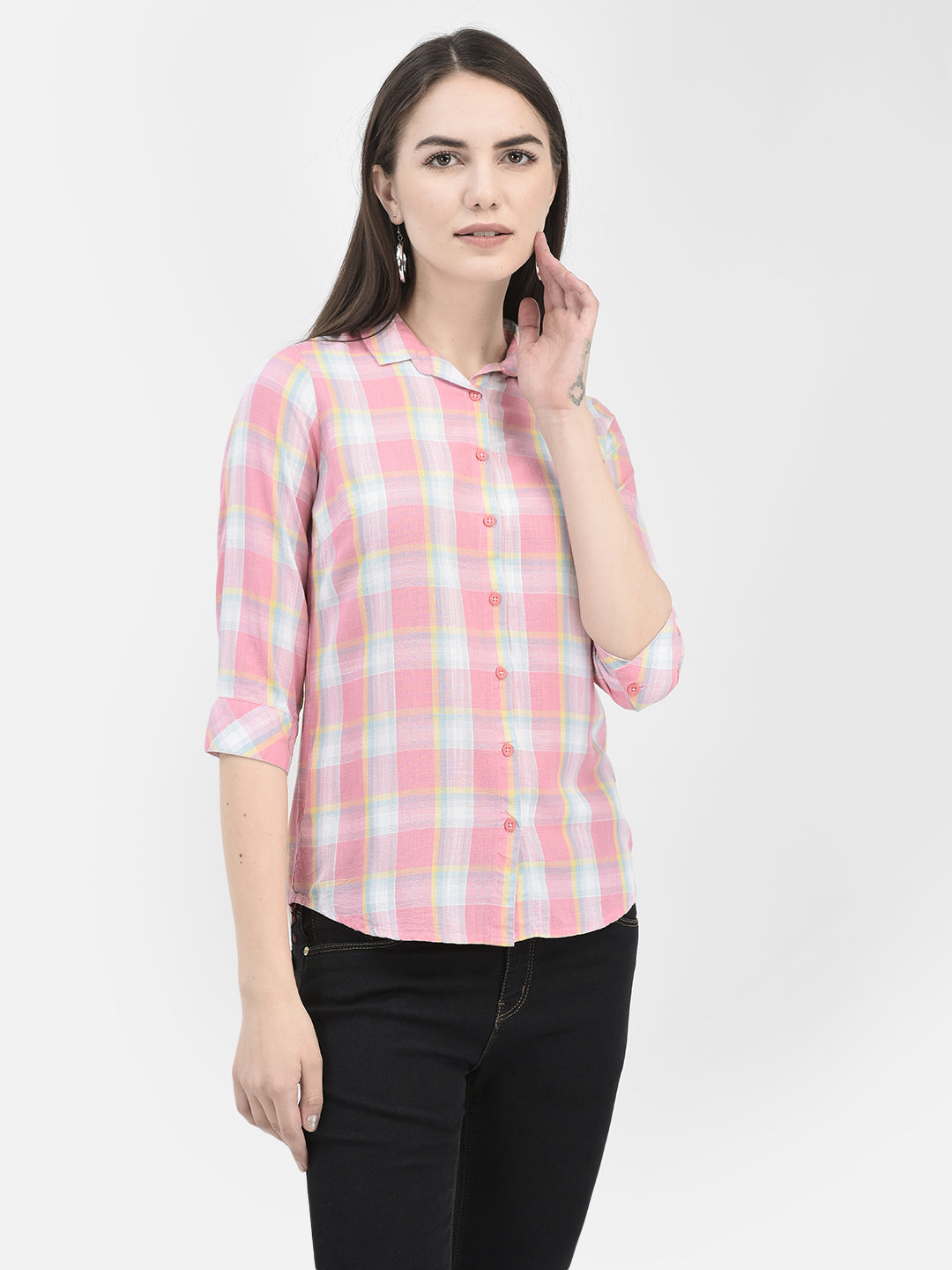 Pink Tartan Check Shirt-Women Shirts-Crimsoune Club