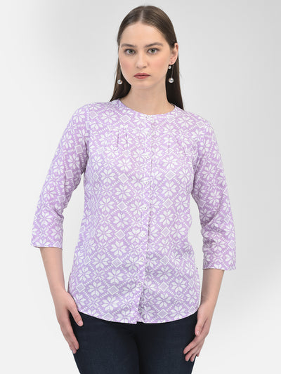 Purple Linen Floral Print Shirt-Women Shirts-Crimsoune Club