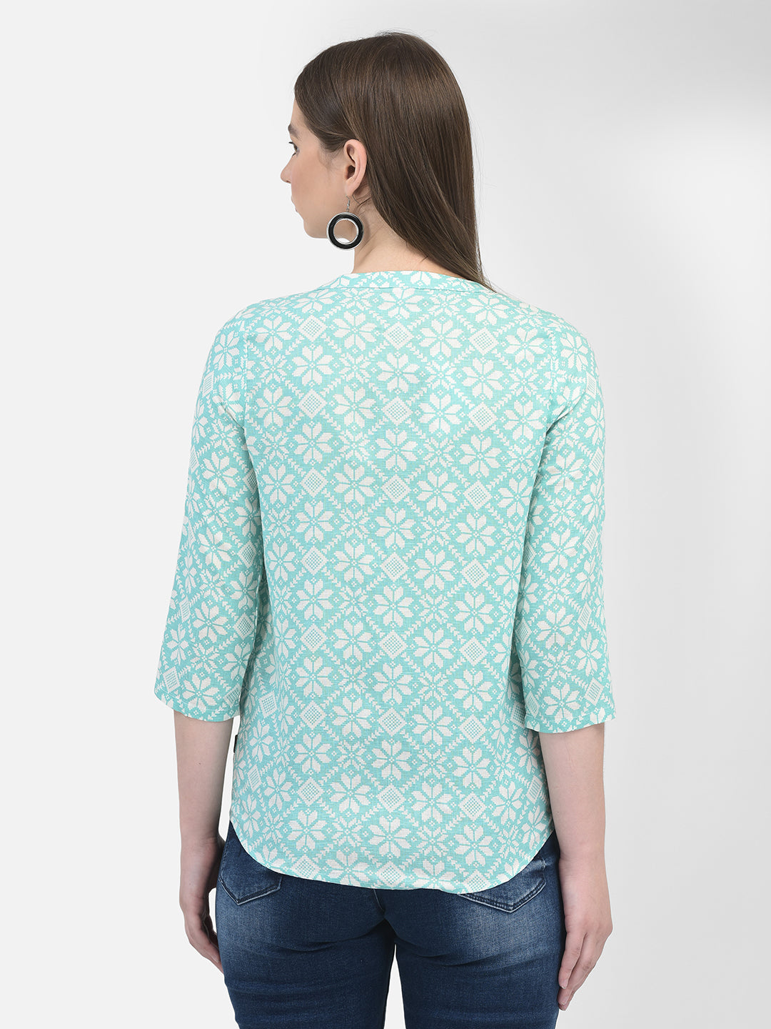 Green Linen Floral Print Shirt-Women Shirts-Crimsoune Club